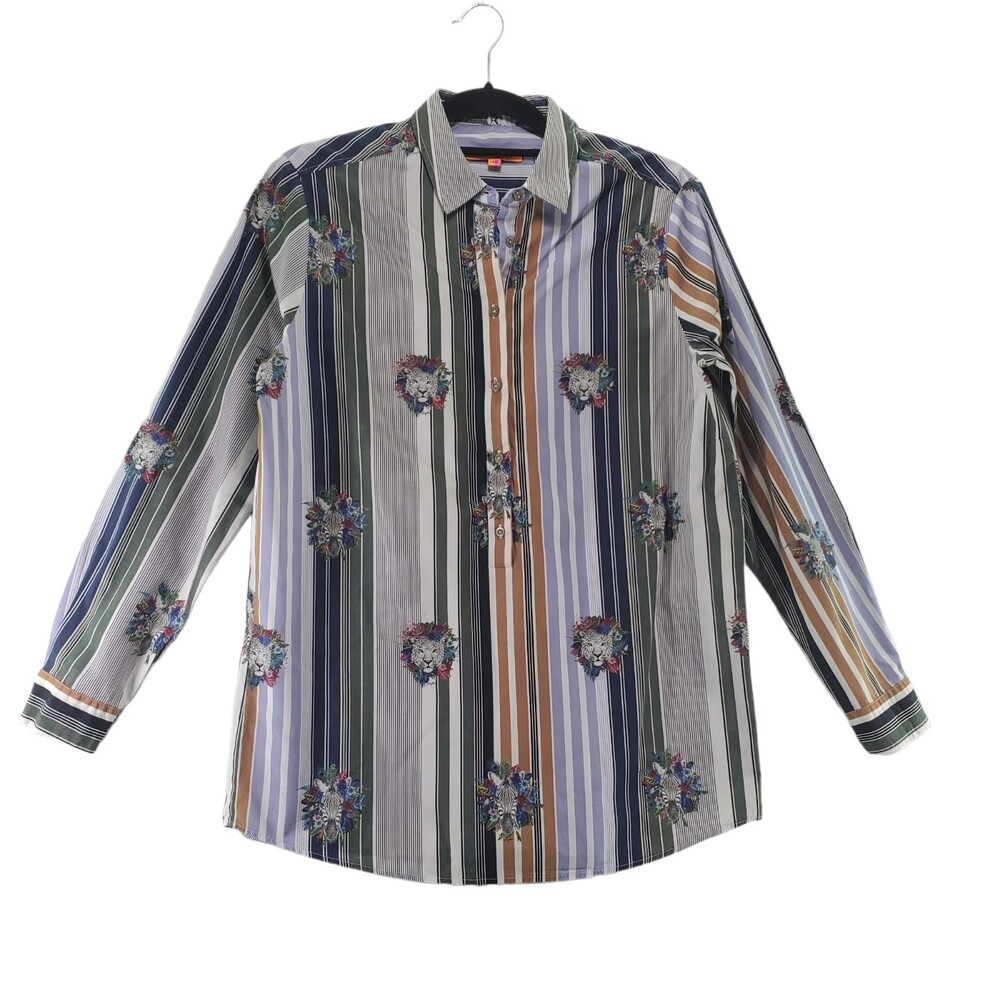 40 Vilegallo Spain Vertical Striped 1/2 Button Down Shirt Zebra Cheetah Leopard
